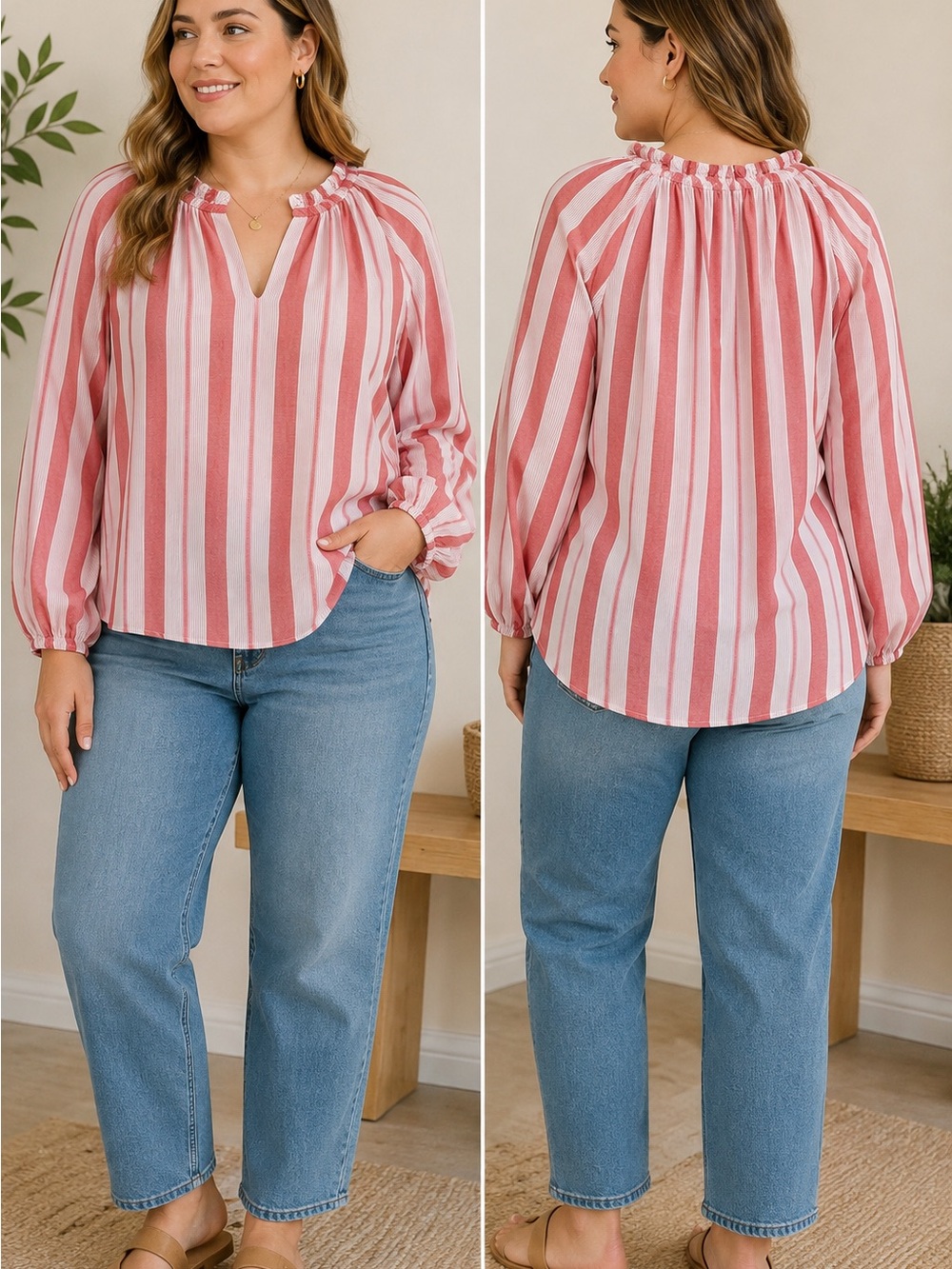 Gap Ruffle Neck Striped Blouson Long Sleeve Blouse Red Pink XL